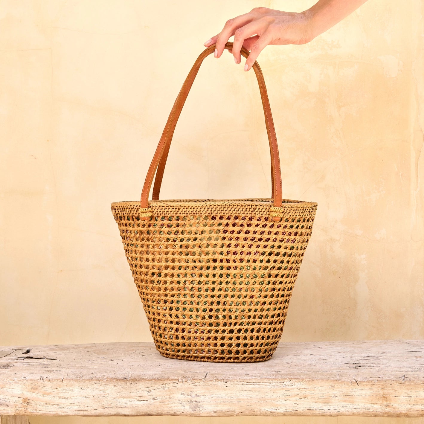Ata Vine Open Weave Bucket Tote Bag with Batik Print Lining