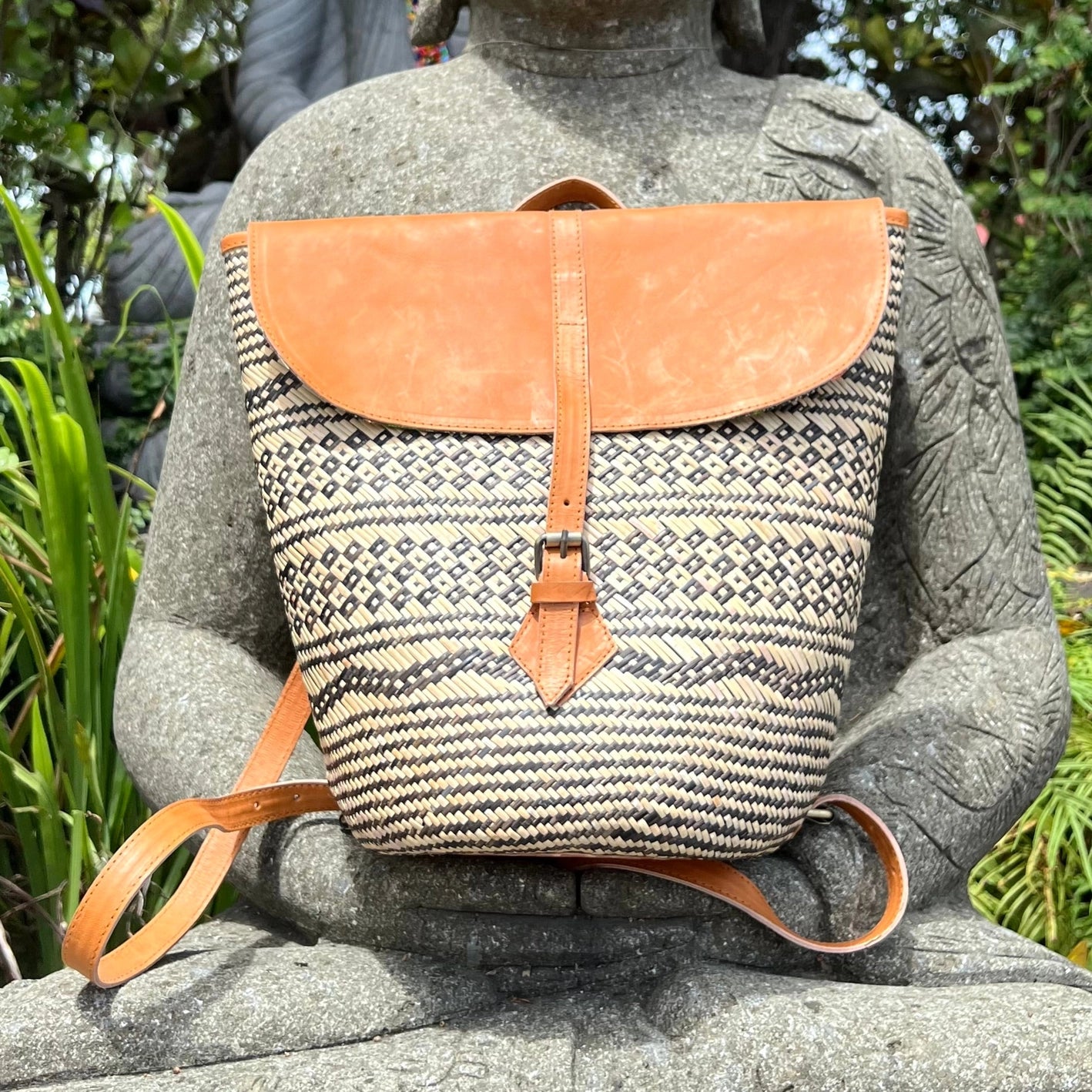 Handwoven Rattan Backpack with Leather Trim