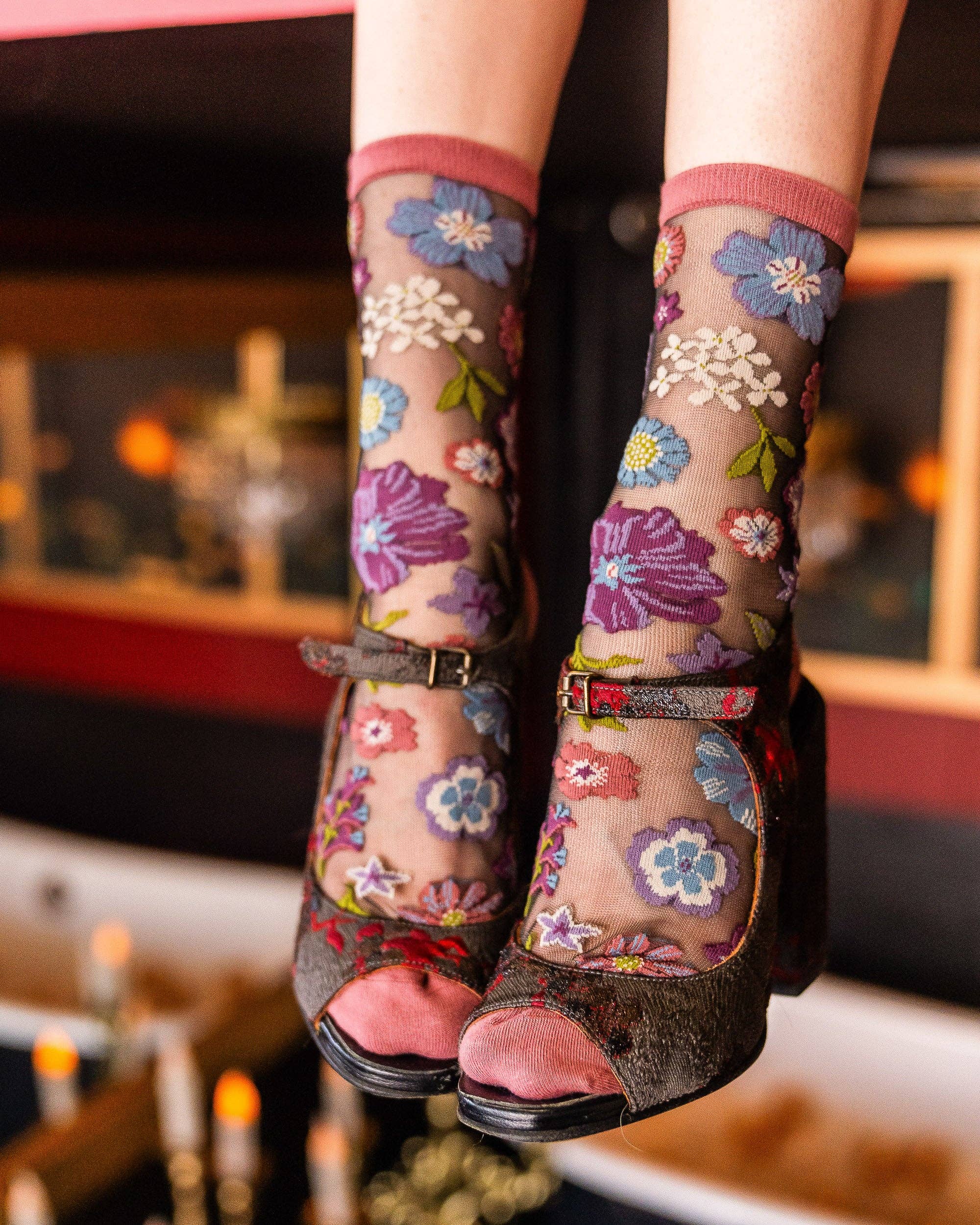 Dark Florals Sheer Crew Sock
