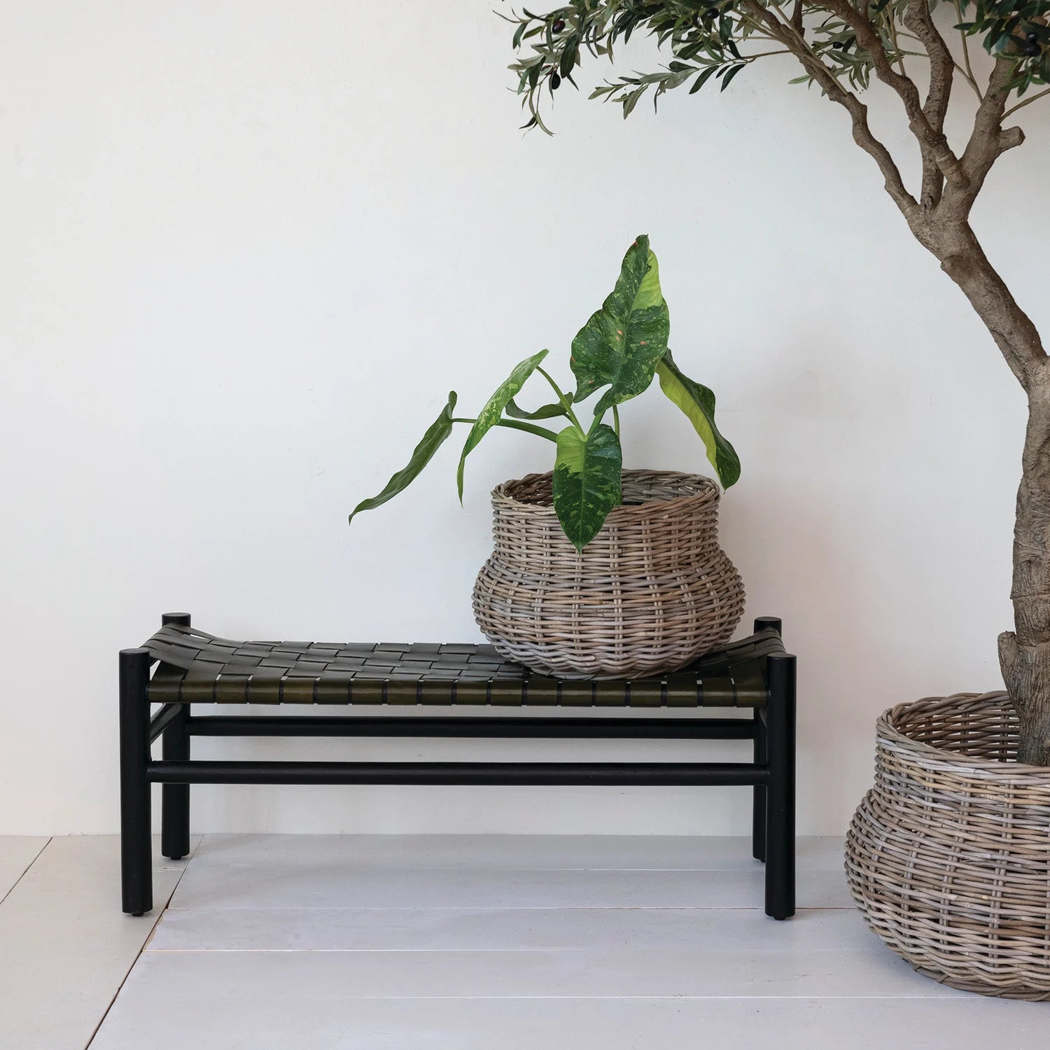 Woven Buffalo Leather Bench