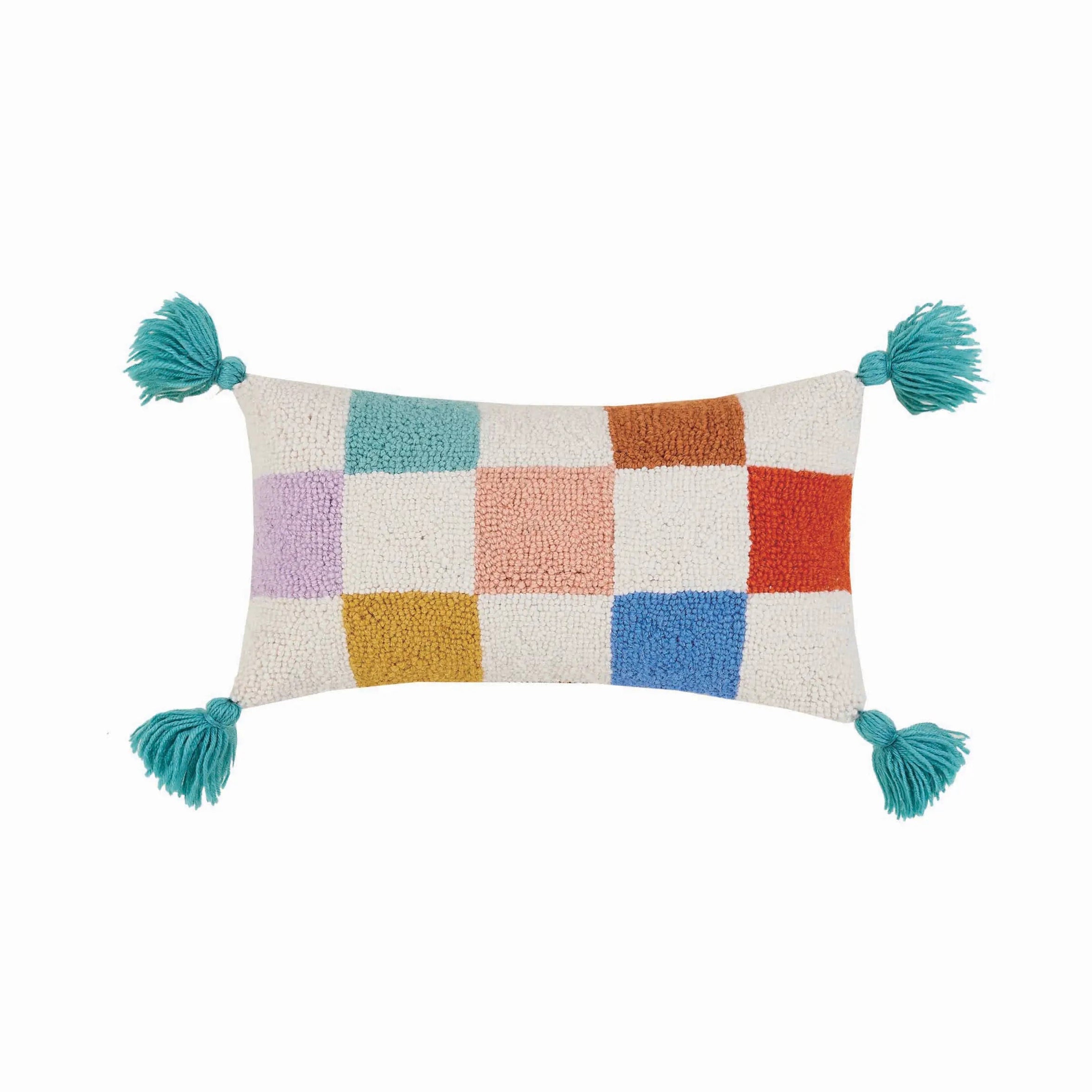 Colorful Checkered Wool Hook Pillow with Tassels